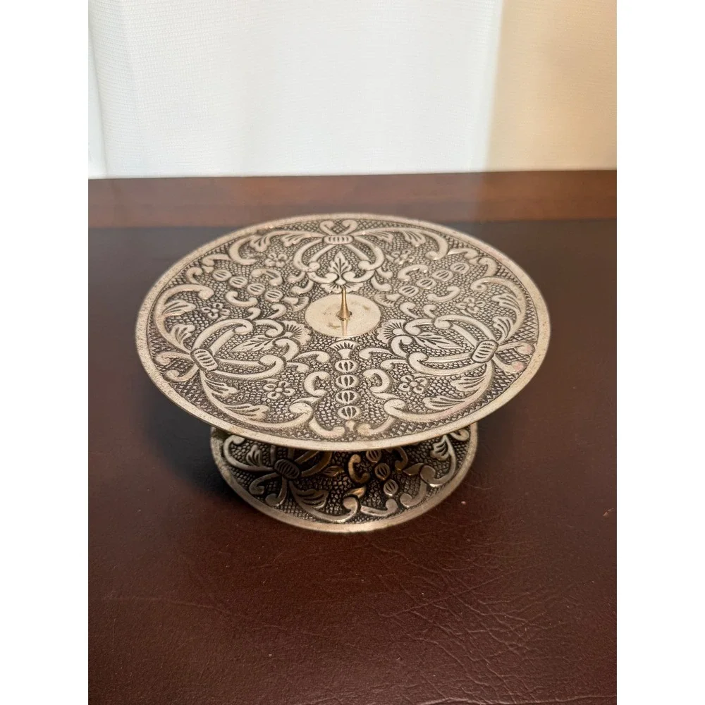 Vintage Ornate Embossed Silver Tone Metal Pillar Candle Holder Pedestal Stand